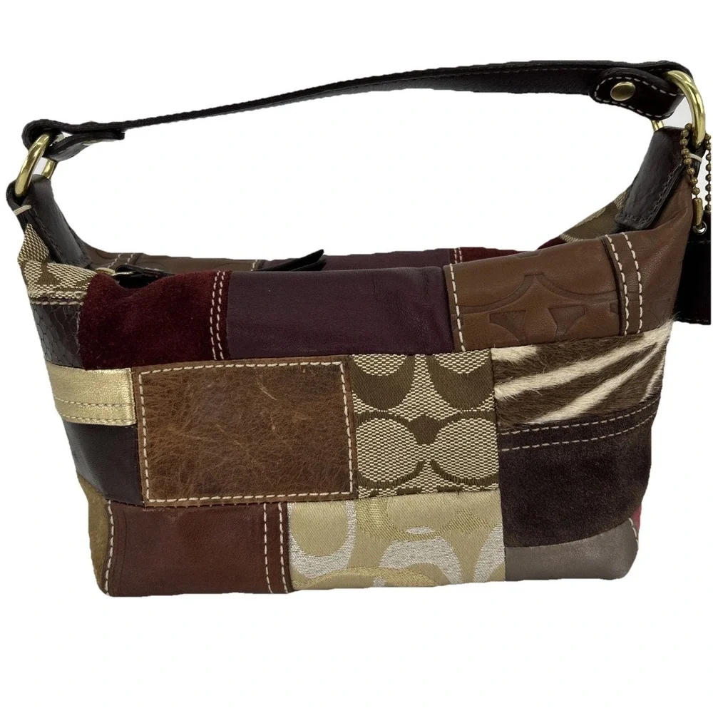 Coach Holiday Patchwork Small Hobo Bag Multi Leather Suede Jacquard Brown‎ Gold